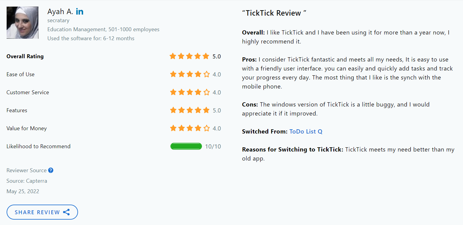 TickTick testimonials